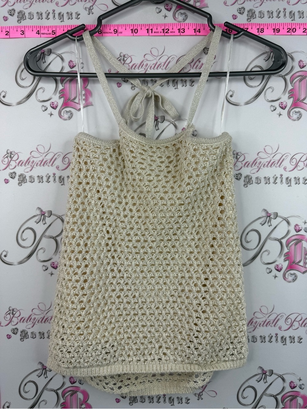 Garage tank top halter sparkly shimmer Cream Crochet Knit Halter Tank Top